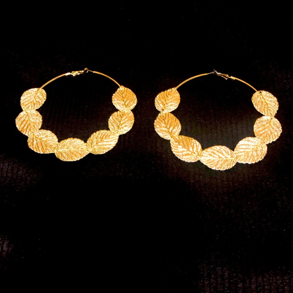 Costume- Oversized Gold tone- Leaf Hoop Earrings